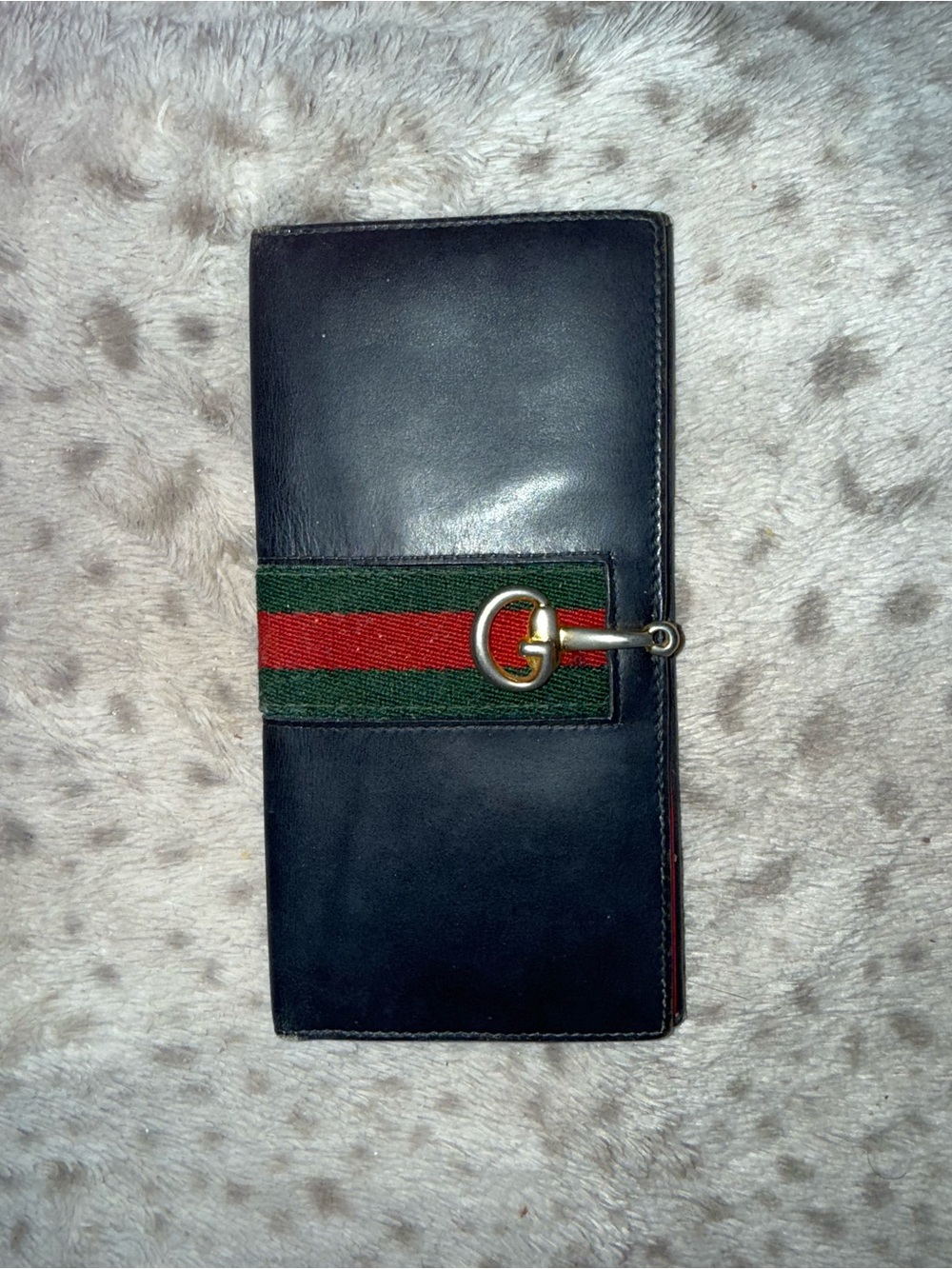 Gucci Vintage Black Leather Wallet with Green & Red Stripe and Metal Clasp